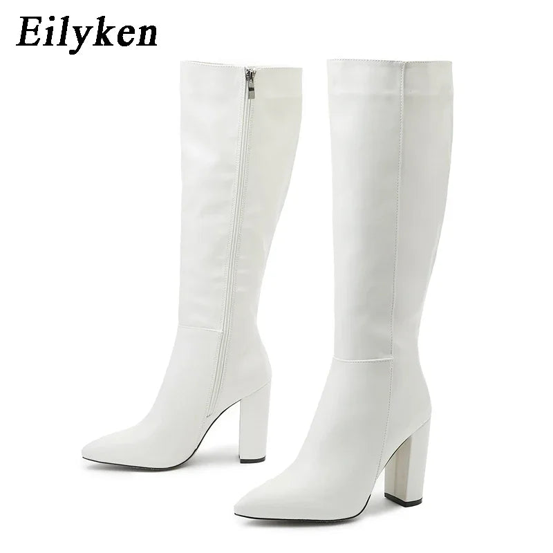 Women's Mid-Calf Boots Fashion Knee-High Boots Elegant Street Style Pointed Toe Women Shoes Chunky High Heel Zipper Long Booties