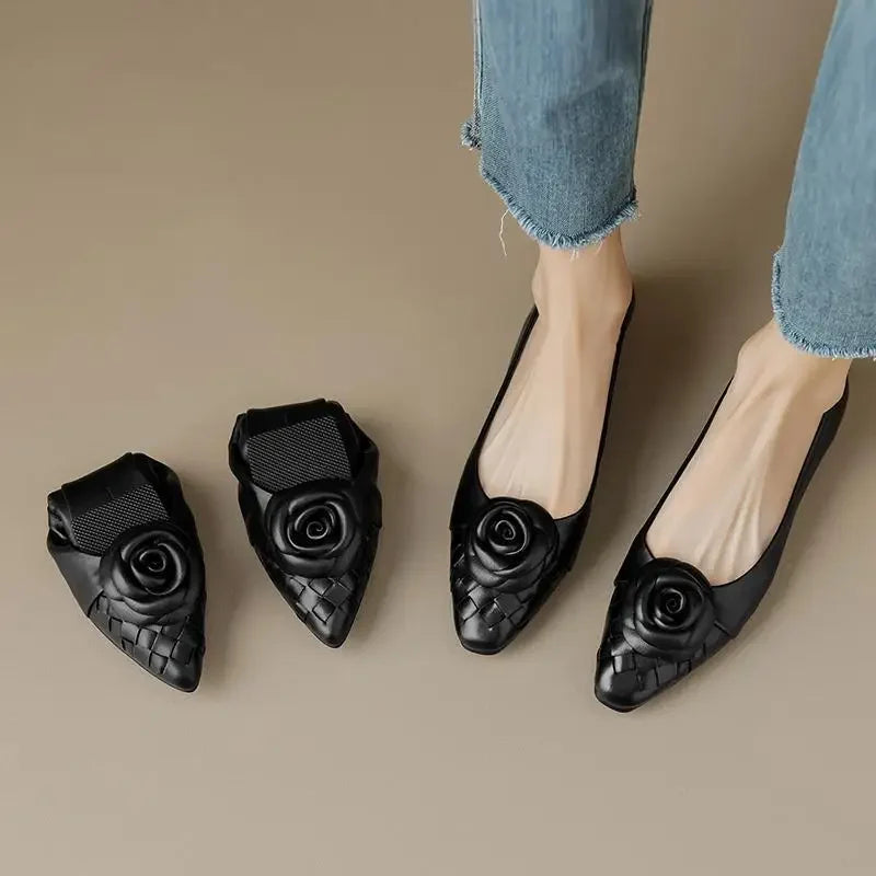 2025 Autumn Camellia Flower Shoes Women Ladies Slip on Flat Casual Office Dress Shoes Women Wedding Loafer Zapatillas Mujer