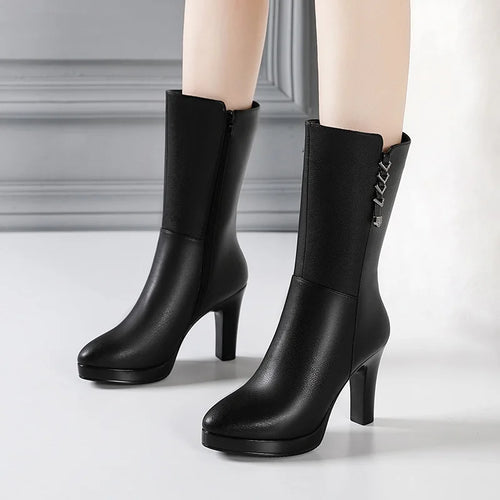 10cm Fashion Comfortable Mid Calf Motorcycle Boots Women's Platform Shoes Winter 2025 Block High Heels Warm Plush Leather Botas