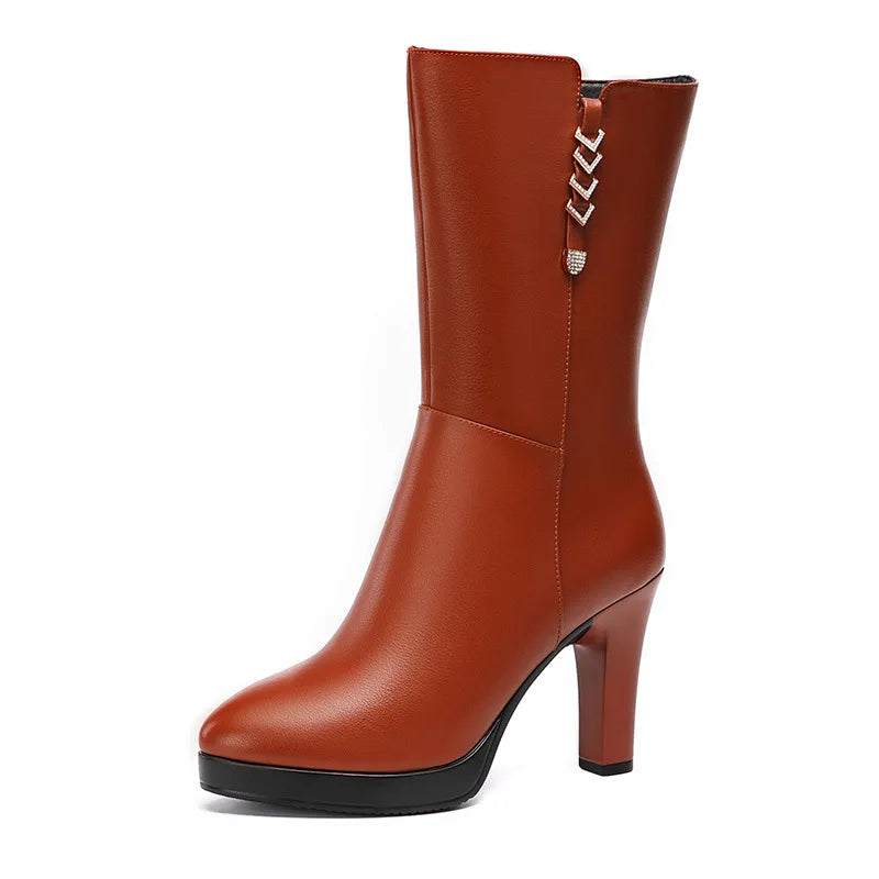 10cm Fashion Comfortable Mid Calf Motorcycle Boots Women's Platform Shoes Winter 2025 Block High Heels Warm Plush Leather Botas