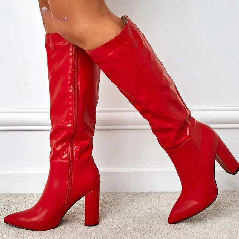 Women's Mid-Calf Boots Fashion Knee-High Boots Elegant Street Style Pointed Toe Women Shoes Chunky High Heel Zipper Long Booties