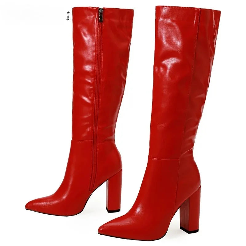 Women's Mid-Calf Boots Fashion Knee-High Boots Elegant Street Style Pointed Toe Women Shoes Chunky High Heel Zipper Long Booties