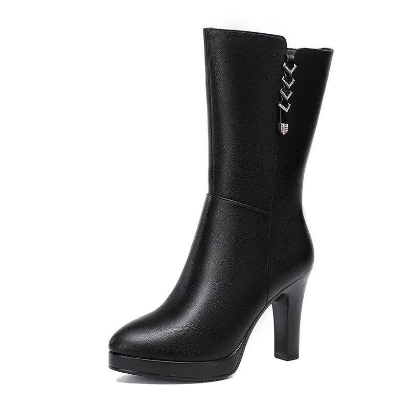 10cm Fashion Comfortable Mid Calf Motorcycle Boots Women's Platform Shoes Winter 2025 Block High Heels Warm Plush Leather Botas