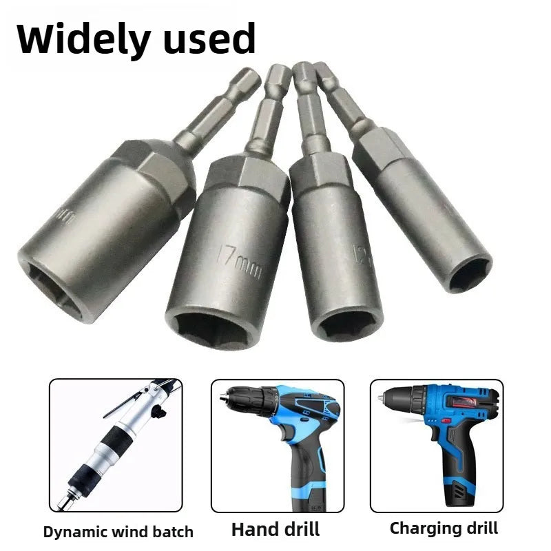 80mm Length Deepen Power Nut Driver Drill Bit Set 5.5-19MM Impact Socket Adapter For Power Tools 6.35MM Hex