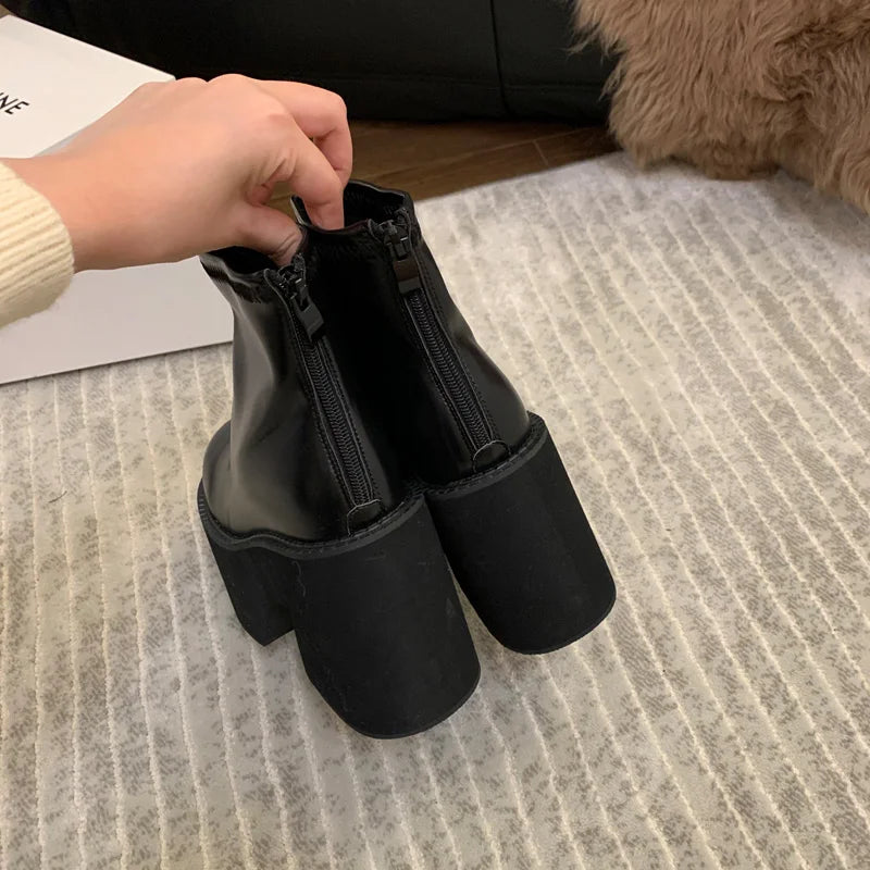 Black Ankle Boots For Women Platforms Shoes Fall Round Toe Punk Shoes Chunky Heeled Ladies Boots Back Zipper Bota Feminina