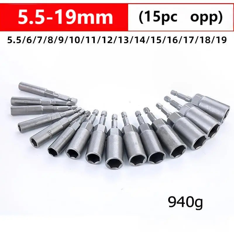 5/10/15Pcs 80mm Deepen Power Nut Driver Drill Bit Set 5.5-19MM Impact Socket Adapter for Power Tools 6.35MM Hex Shank