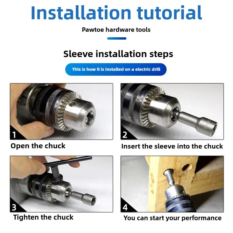 80mm Length Deepen Power Nut Driver Drill Bit Set 5.5-19MM Impact Socket Adapter For Power Tools 6.35MM Hex