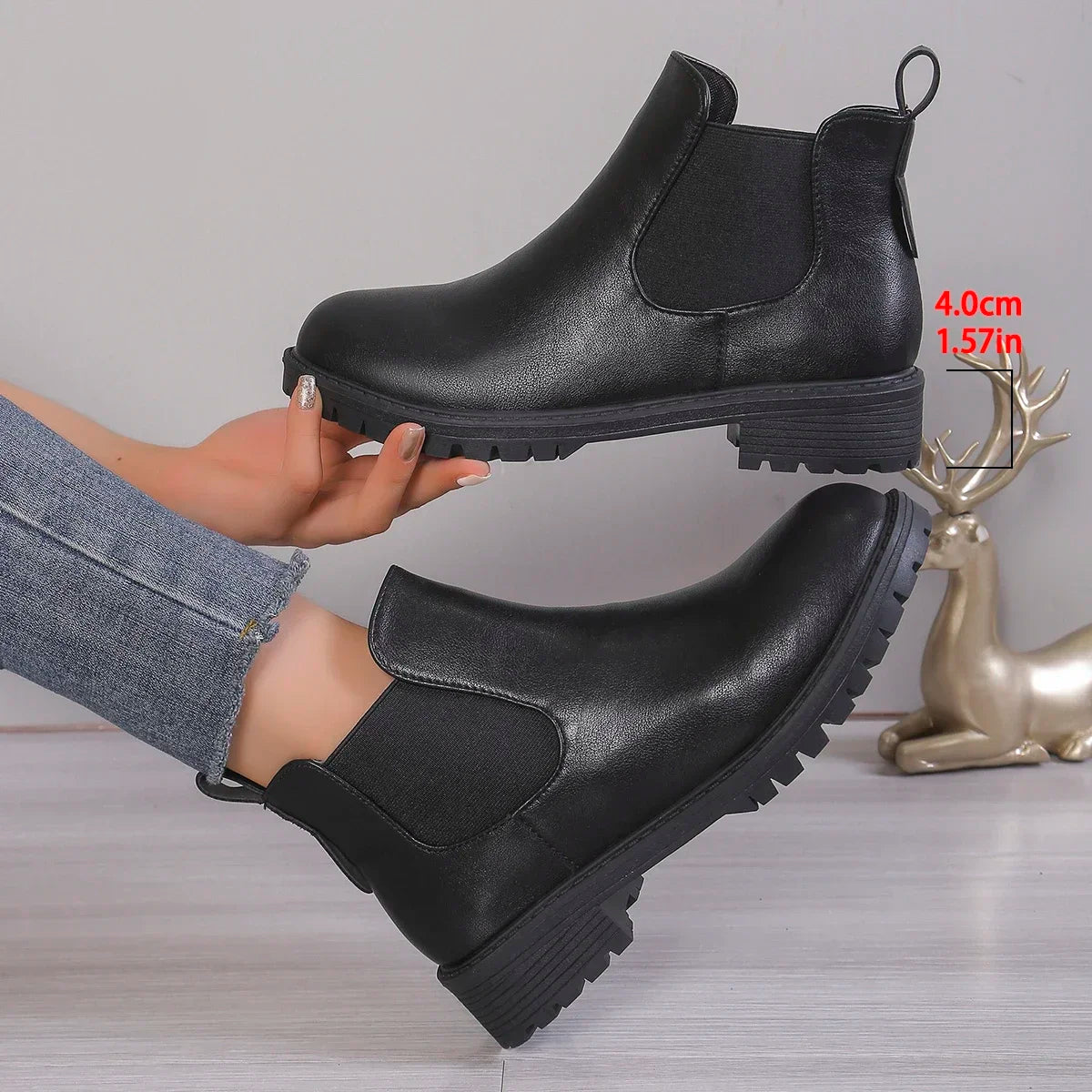 Women's Casual Chelsea Ankle Boots Round Toe Black PU Leather Short Boots Woman Comfort Low Heels Slip On Botas De Mujer 2024