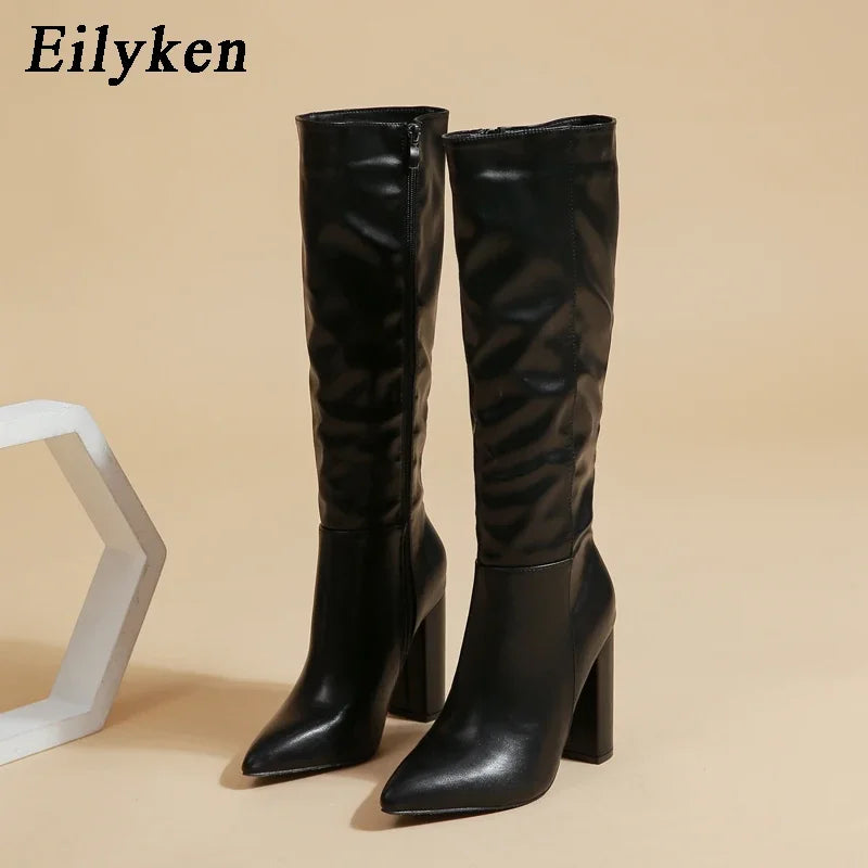 Women's Mid-Calf Boots Fashion Knee-High Boots Elegant Street Style Pointed Toe Women Shoes Chunky High Heel Zipper Long Booties